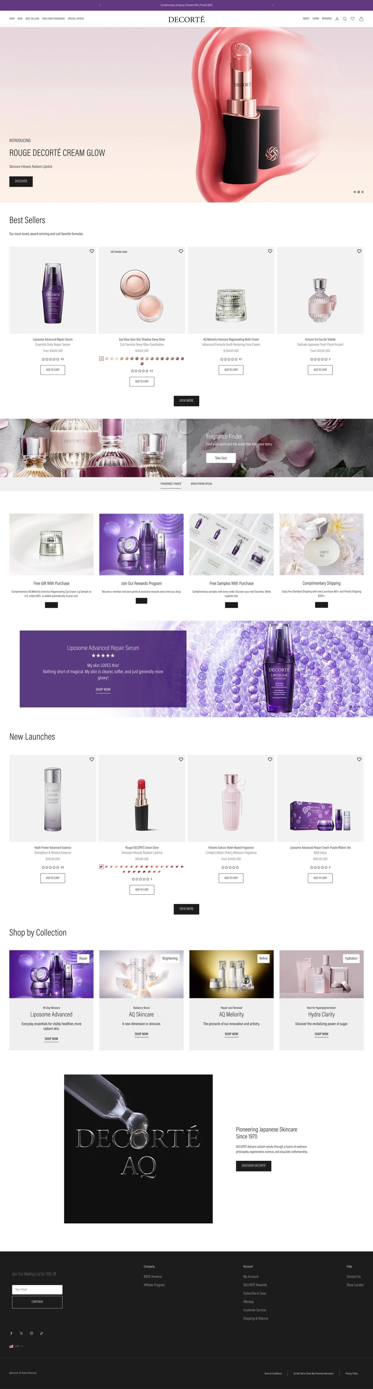 Decorté homepage after the redesign and Shopify retheme, full page