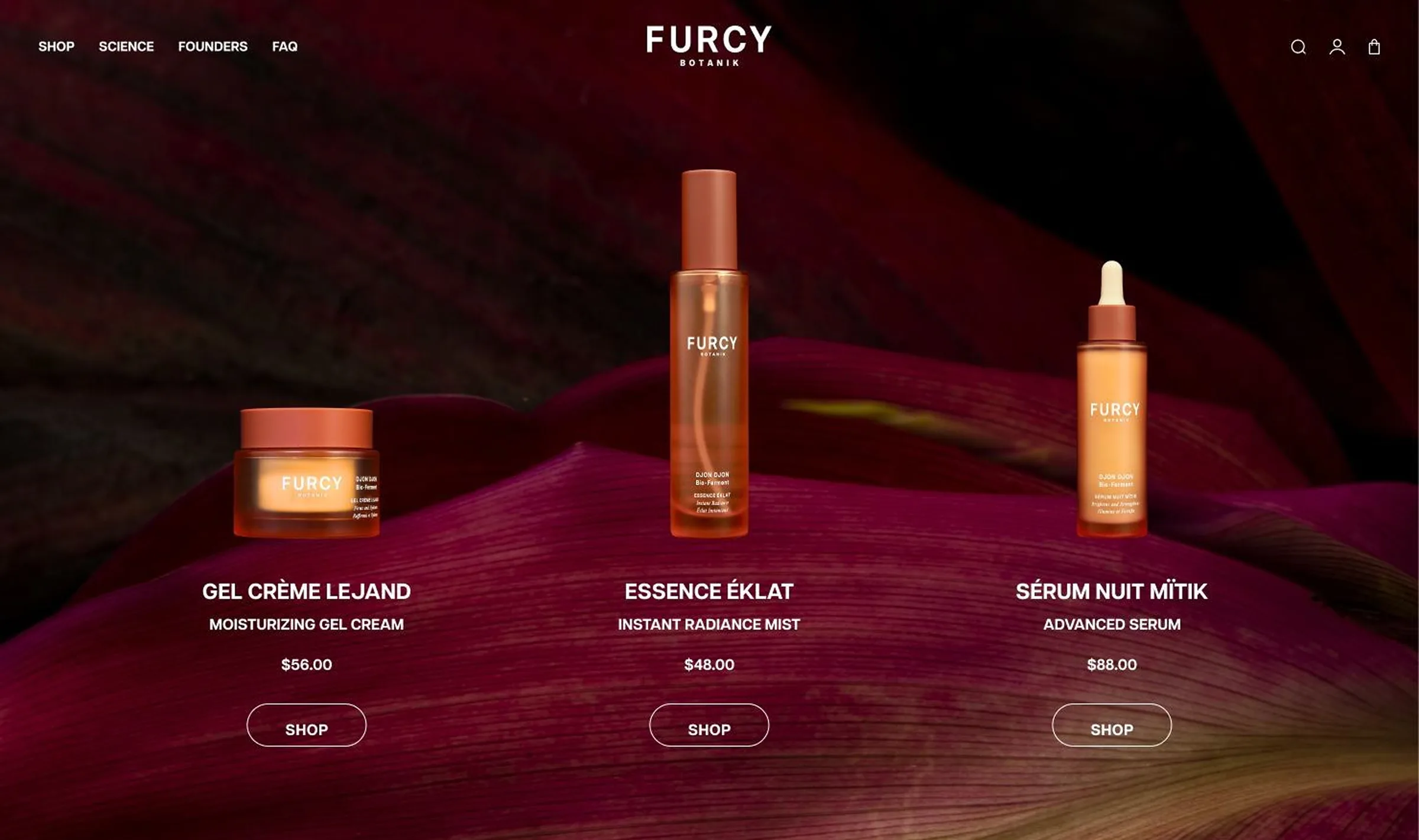 Furcy Botanik version 1 homepage — botanical imagery on a dramatic background