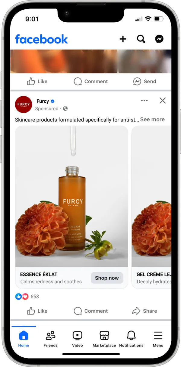Photographed product set shown in a Facebook ad on an iPhone