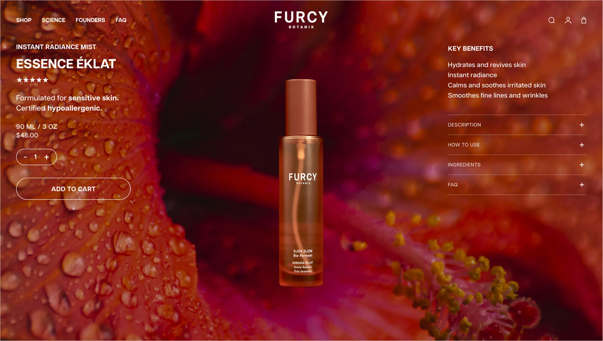 Version 1 product page on mobile — botanical background with transparent product imagery