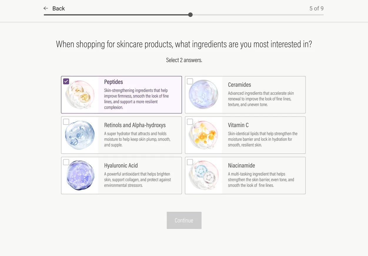 Final quiz question screen — ingredient preference, six options