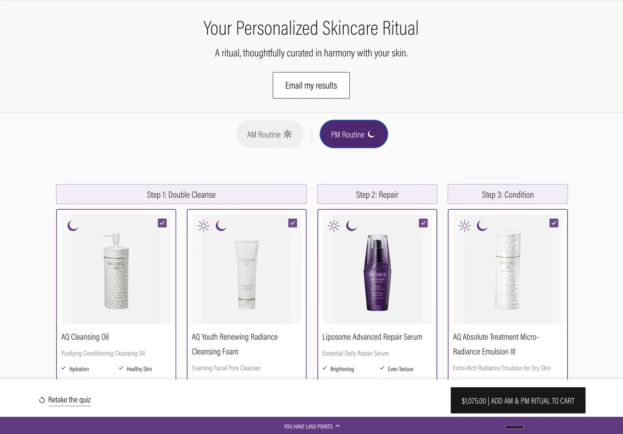 Final results screen — the recommended AM and PM ritual